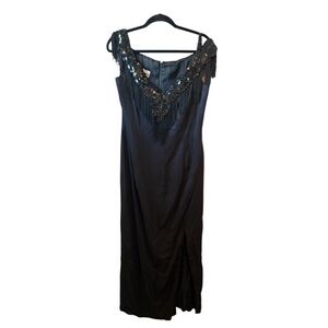 Vintage Dave Johnny Prom Dress Maxi Gown Sequined Fringe Black 15/16 90s Y2K